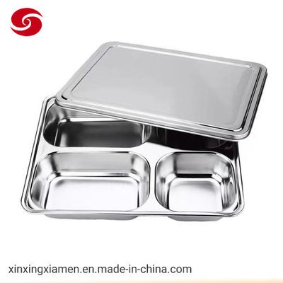 Hot Sell High Quality Stainless Steel Dinner Divided Compartments Plate with Lid Lunch Tray