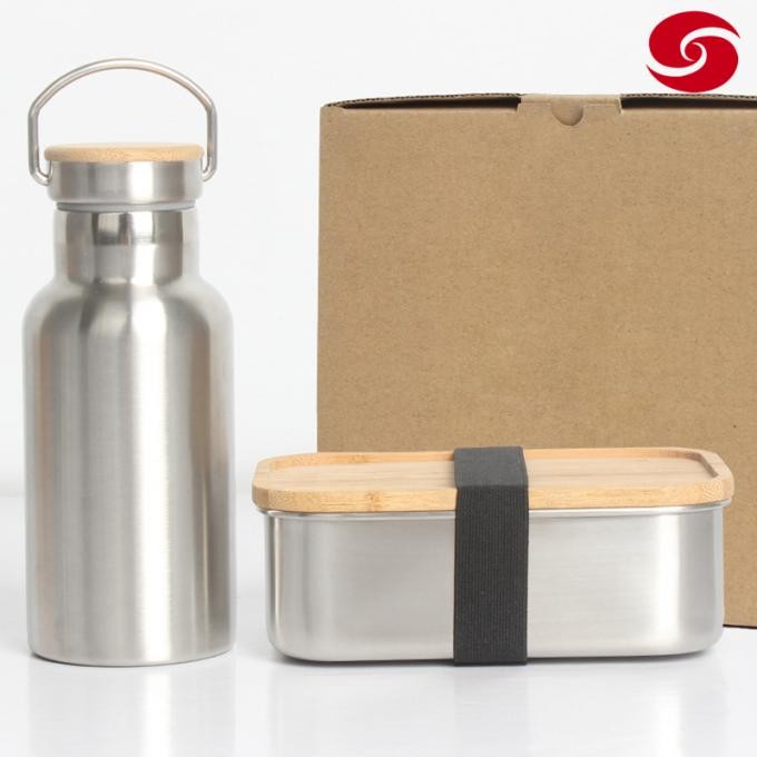 Stainless Steel Metal Water Bottle with Bamboo Lid Lunch Box Set