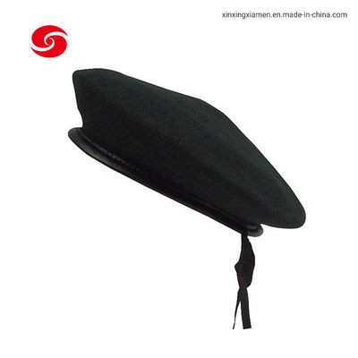 Black Soldier Wool Military Beret Hat Cap with Leather Binding