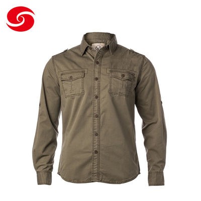 100% Cotton Long Sleeved Military Casual Shirts In Olive